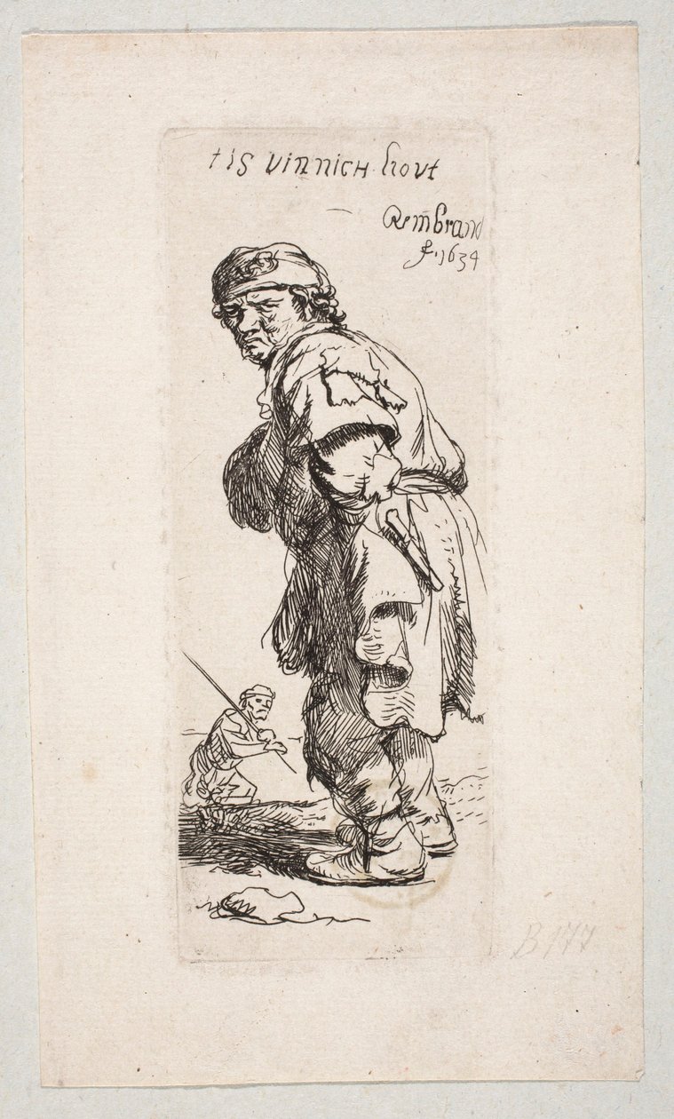 Vasemmalle kääntynyt seisova maalaismies ja taustalla keppi kädessään oleva hahmo ”Tis vinnich Kout” tekijältä Rembrandt van Rijn