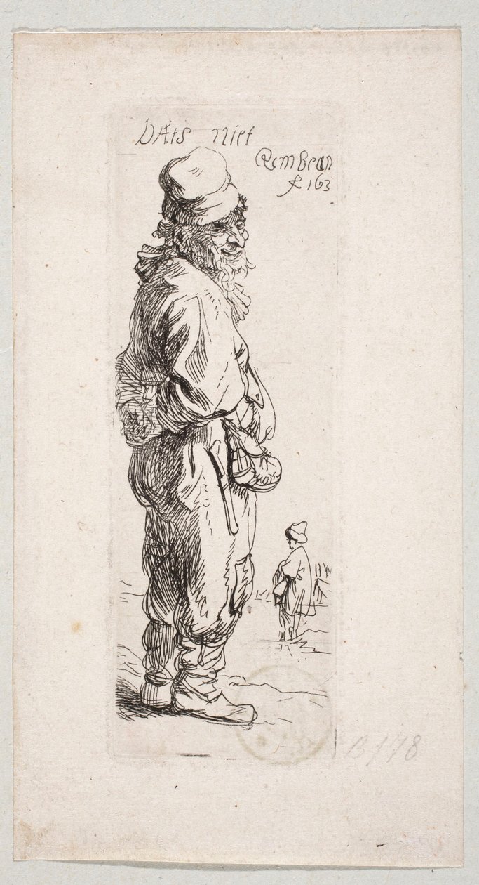 Seisova maalainen, katse oikealle: ”DatS niet” tekijältä Rembrandt van Rijn