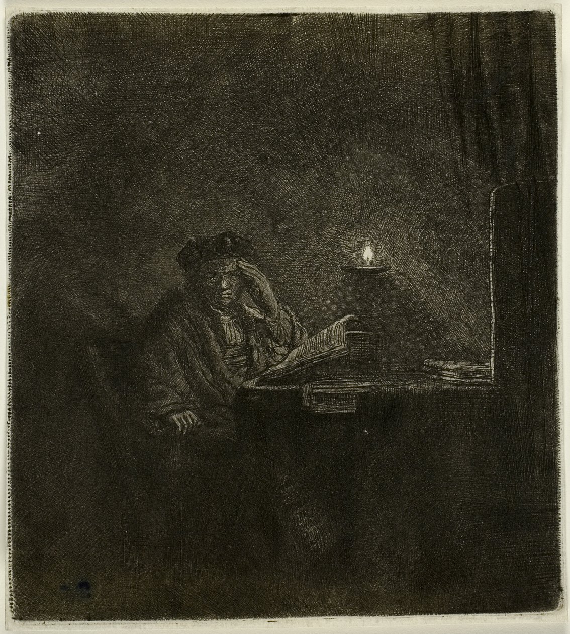 Opiskelija pöydän ääressä kynttilänvalossa tekijältä Rembrandt van Rijn