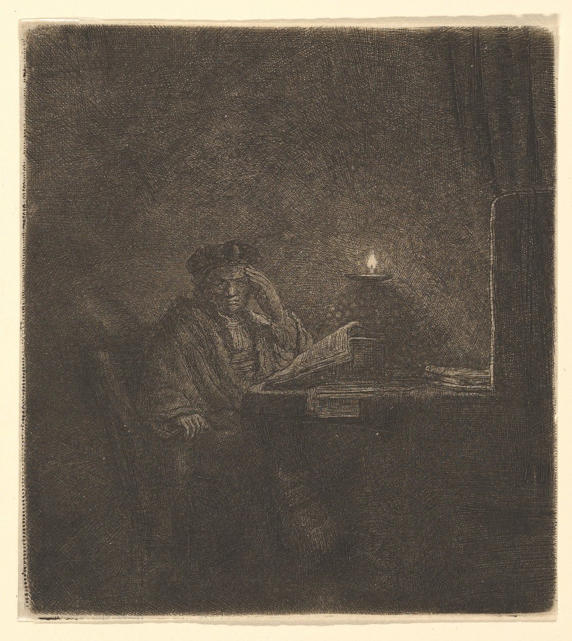 Opiskelija pöydässä kynttilänvalossa, n. 1642. tekijältä Rembrandt van Rijn