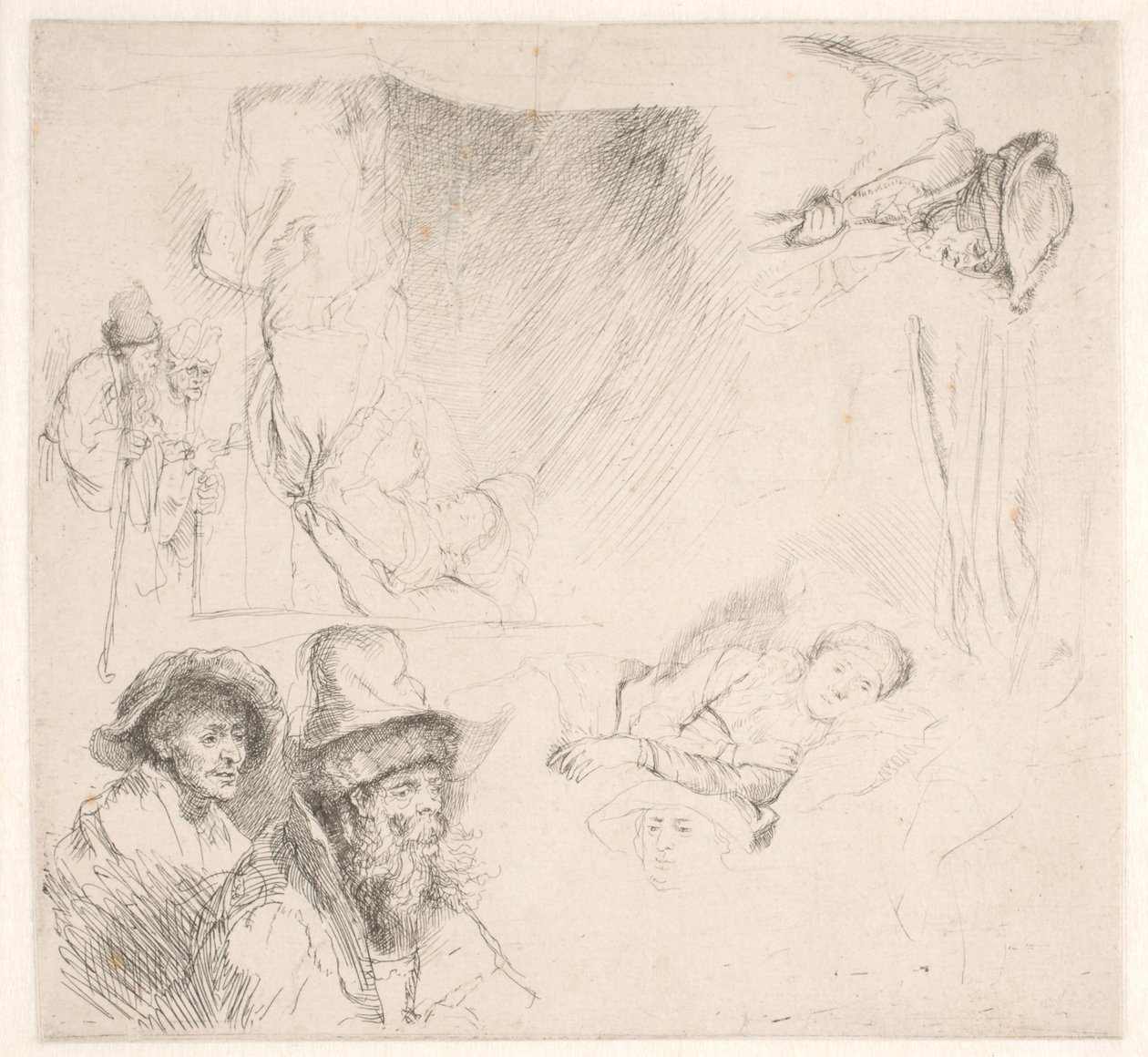 Studieblad, mukaan lukien vuoteessa oleva nainen tekijältä Rembrandt van Rijn