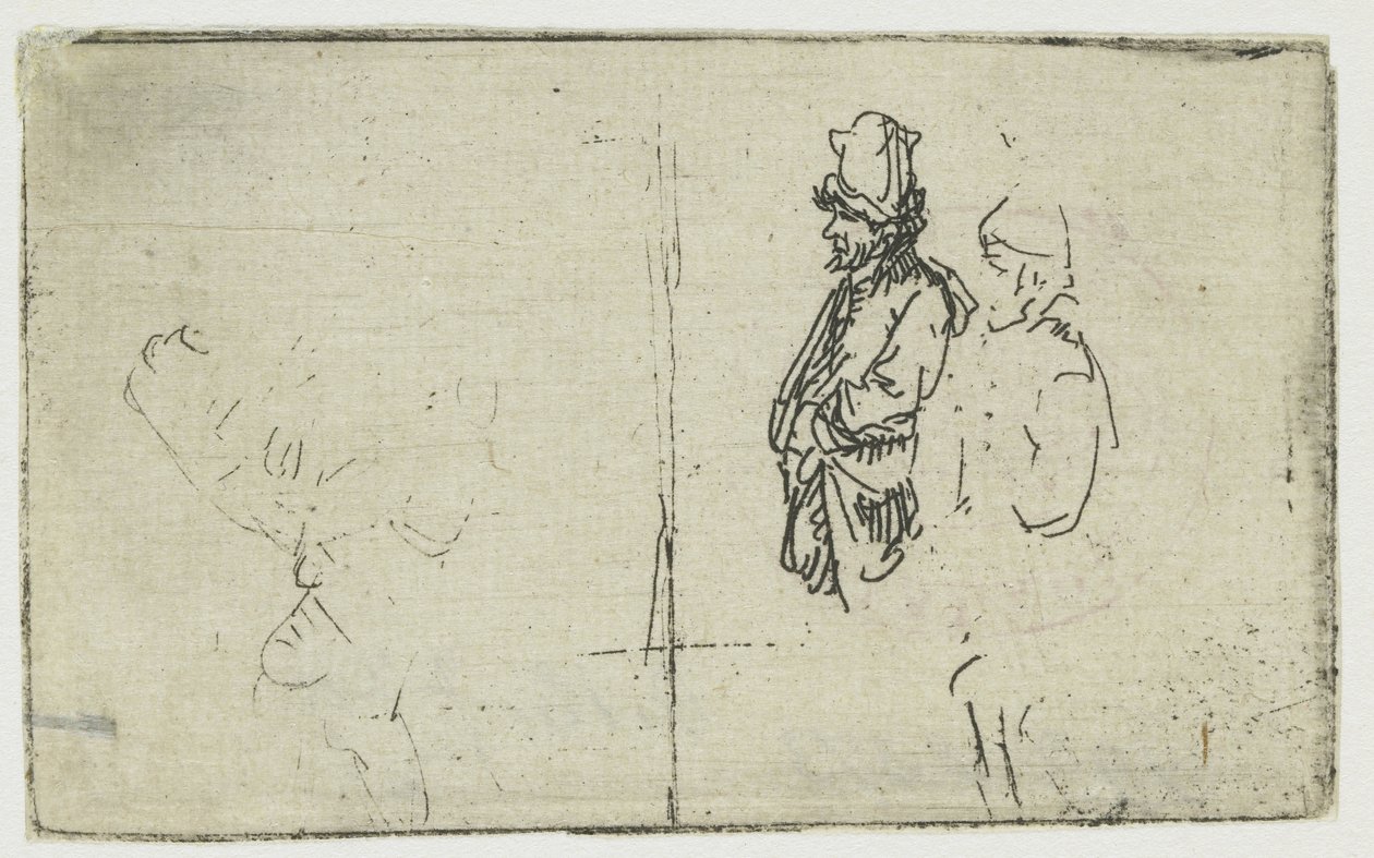 Luonnoslehti, jossa on kaksi luonnosta, joista toinen kuvaa kahta maanviljelijää tekijältä Rembrandt van Rijn