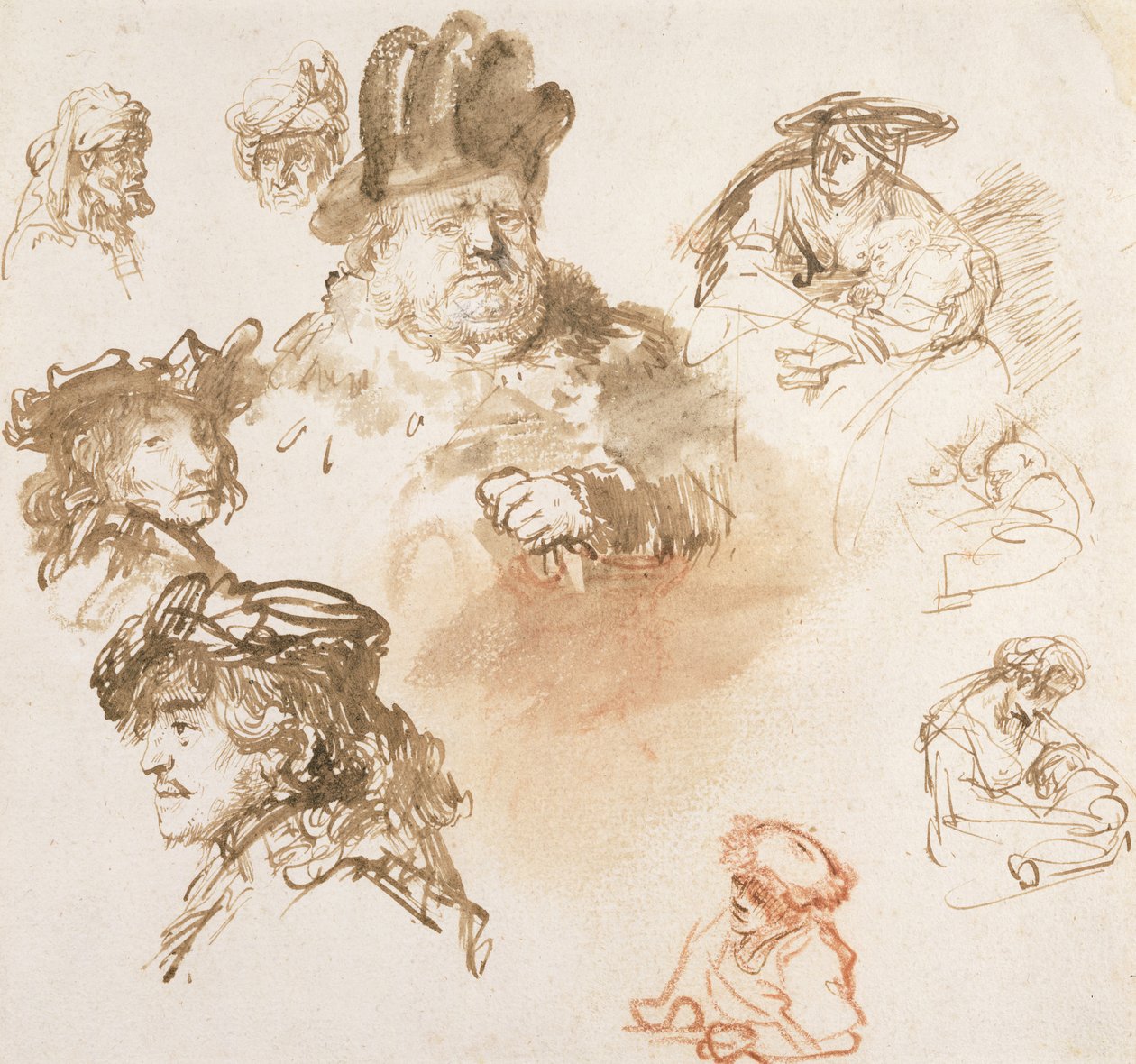 Tutkimuksia vanhojen miesten päistä ja kolmesta naisesta, joilla on lapsia, n. 1635-1636 (muste ja pesu paperille) tekijältä Rembrandt van Rijn
