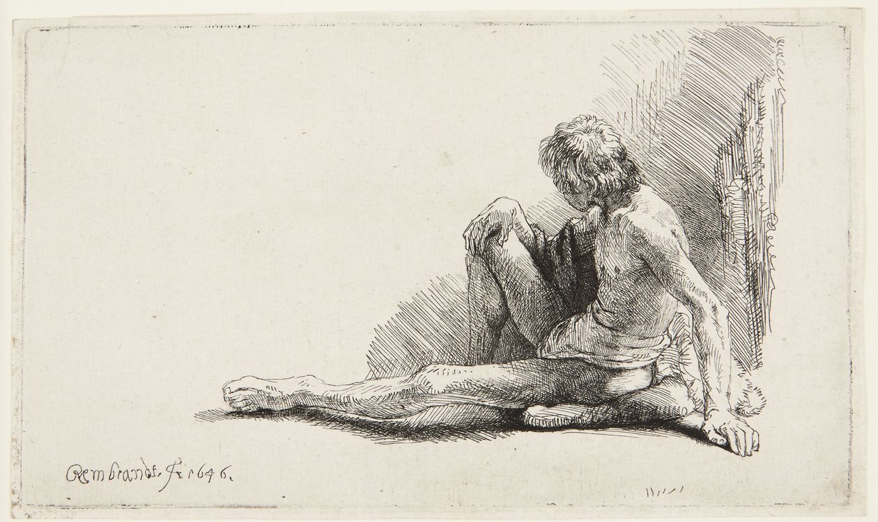 Alastonmallin mukaan tehty piirros (Maassa istuva mies) (Bartsch 196, toinen kahdesta versiosta; H. 221; Muntz 137 II) tekijältä Rembrandt van Rijn