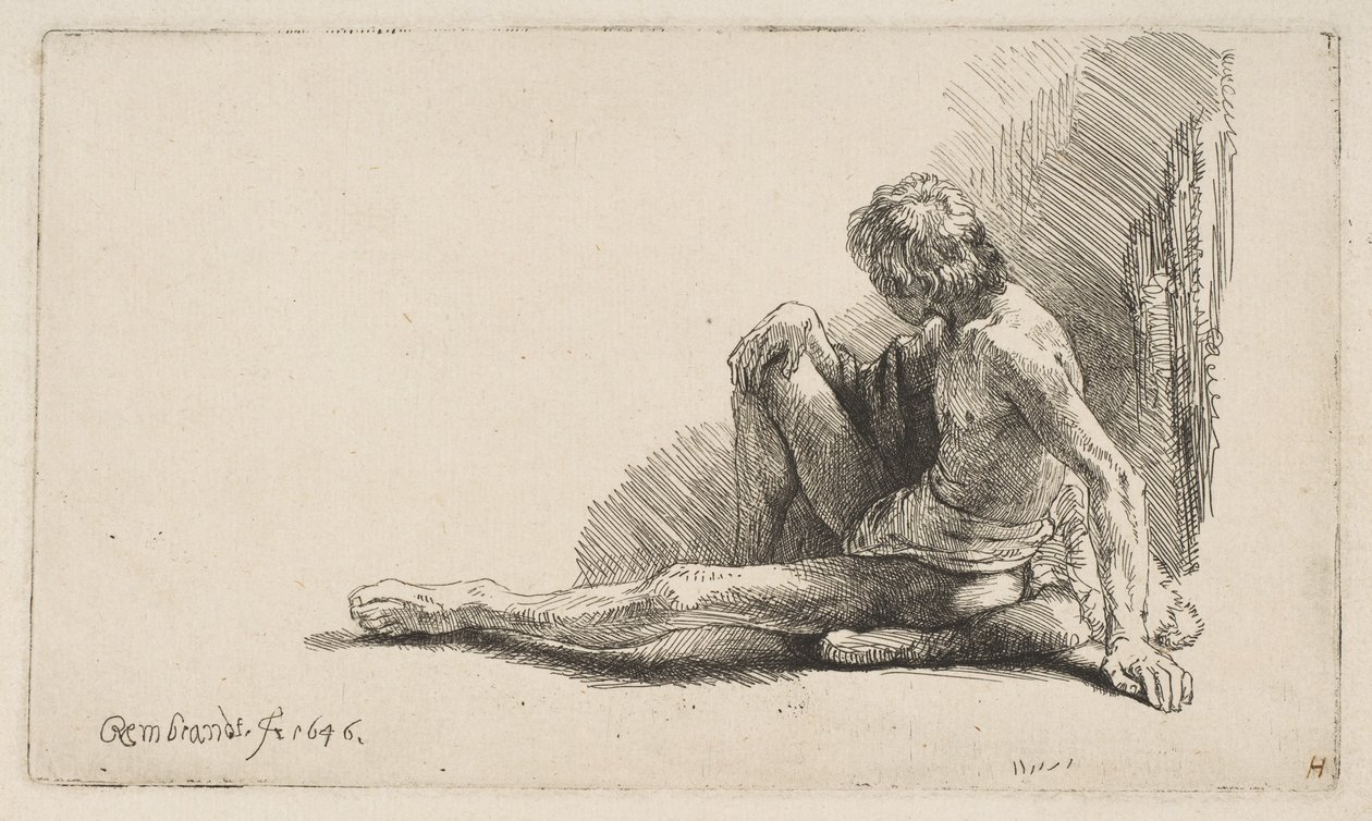 Tutkimus alastonkuvasta: Mies istuu maassa, yksi jalka ojennettuna, 1646. tekijältä Rembrandt van Rijn