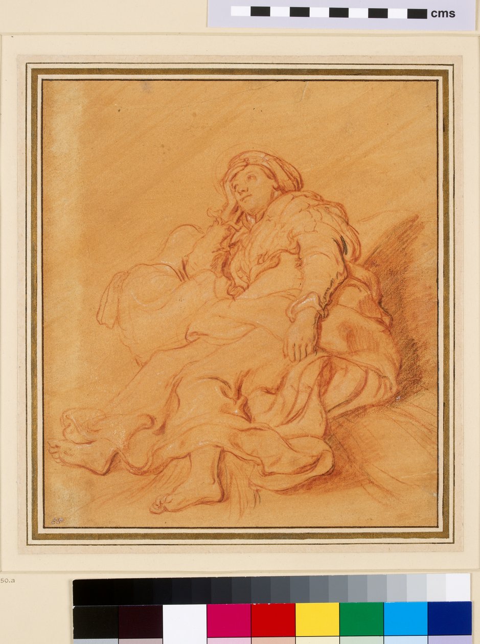 Tutkimus Raakelin hahmosta, n. 1621 (punainen liitu mustavalkoisella liidulla oranssilla valmistetulla paperilla) tekijältä Rembrandt van Rijn