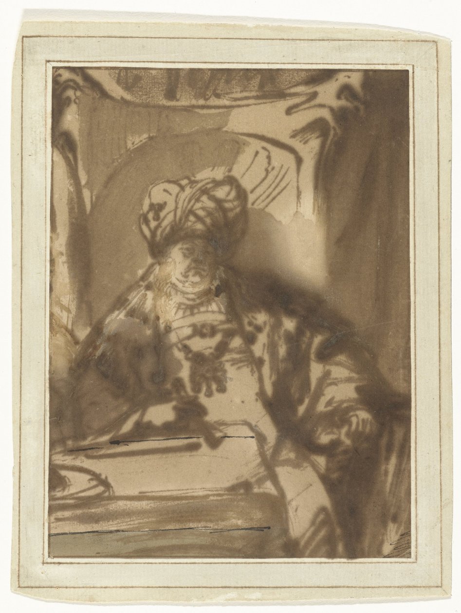Näyttelijä Willem Bartholsz Ruyter kuningas Ahasveroksen roolissa valtaistuimellaan tekijältä Rembrandt van Rijn