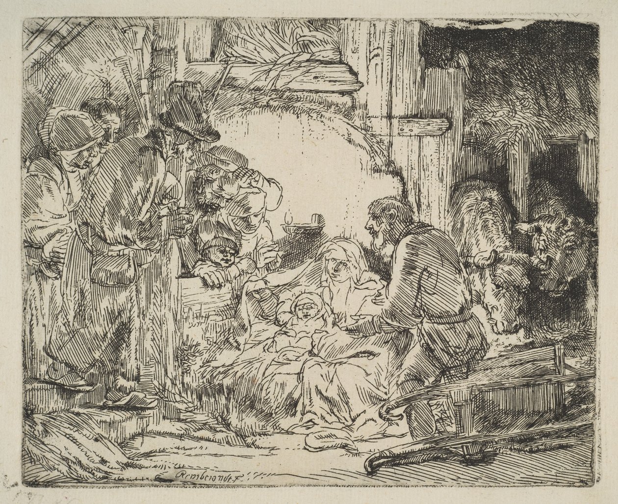 Paimenten palvonta, lampun kanssa, n. 1654. tekijältä Rembrandt van Rijn