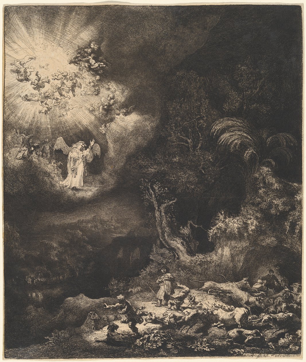 Enkeli ilmestyy paimenille tekijältä Rembrandt van Rijn