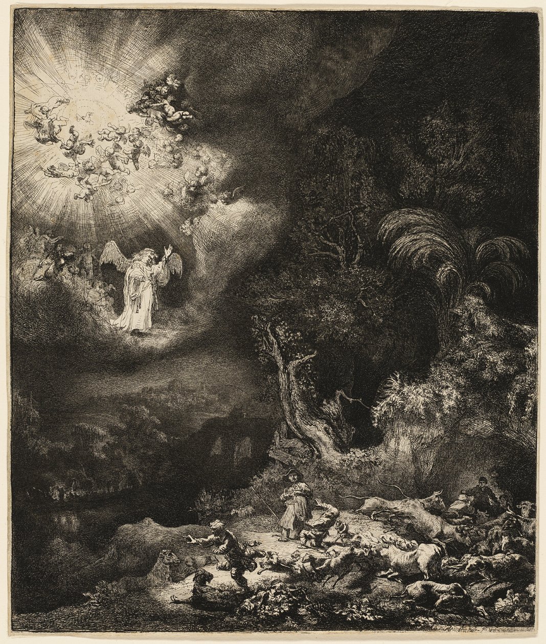 Enkeli ilmestyy paimenille tekijältä Rembrandt van Rijn
