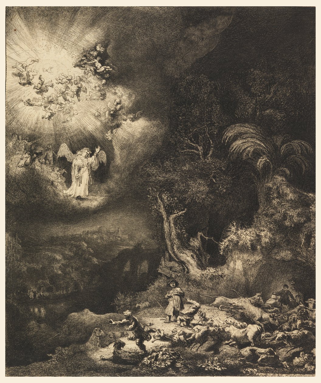 Enkeli ilmestyy paimenille tekijältä Rembrandt van Rijn