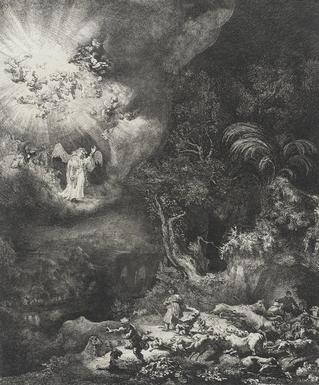 Enkeli ilmestyy paimenille, 1634 tekijältä Rembrandt van Rijn