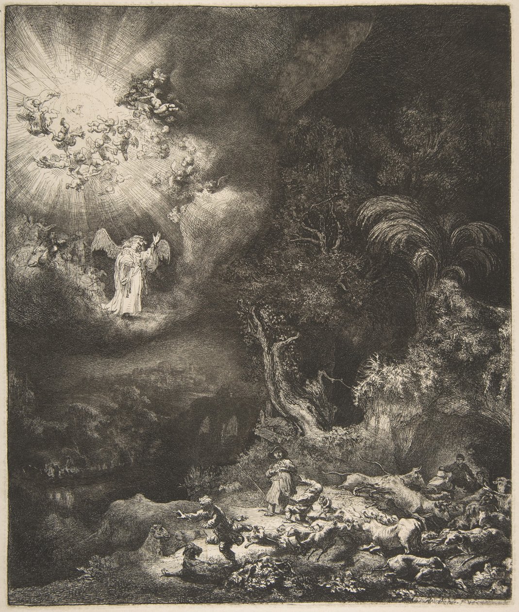 Enkeli ilmestyy paimenille, 1634. tekijältä Rembrandt van Rijn