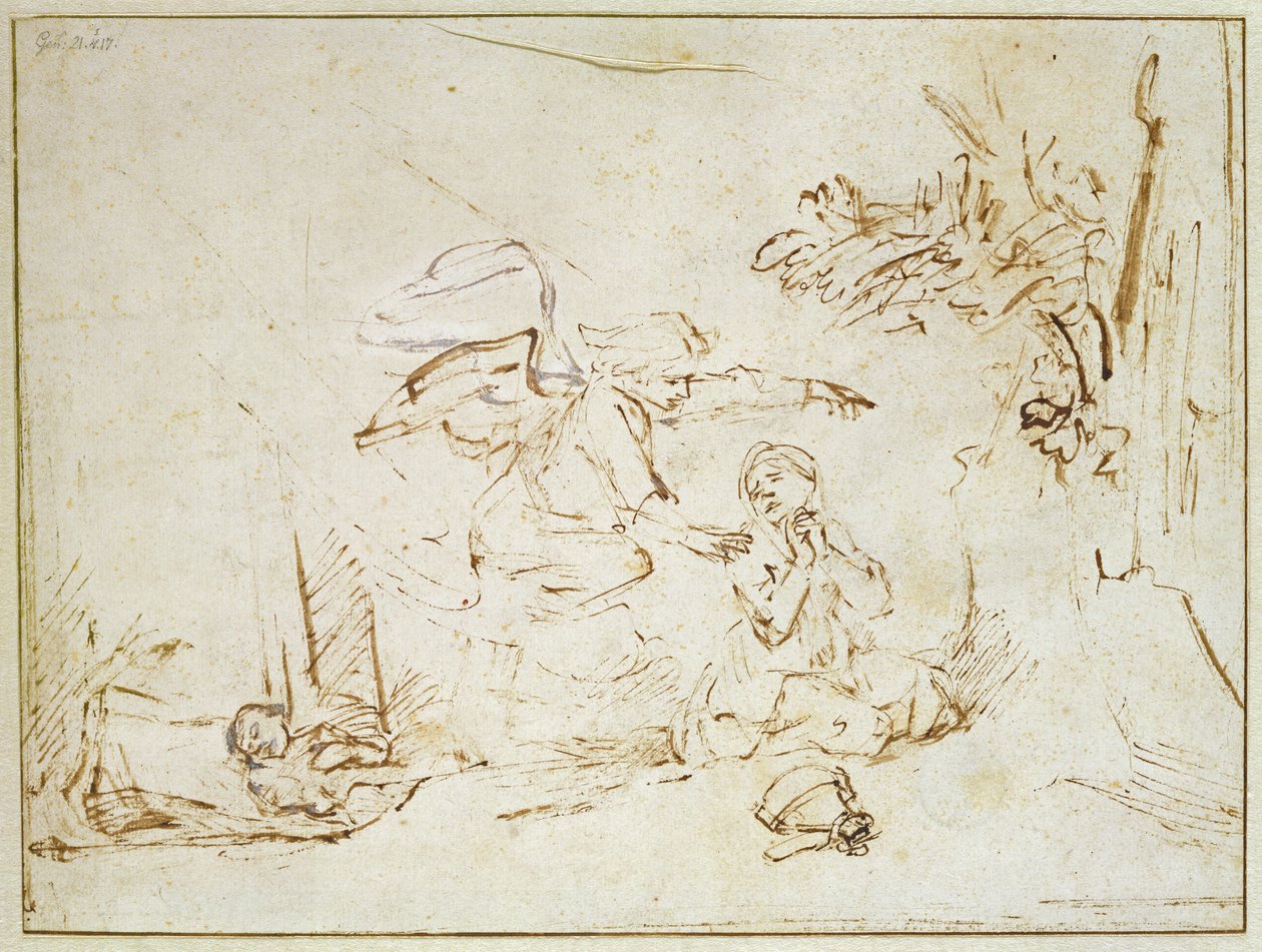 Enkeli ilmestyy Hagarille ja Ismaelille erämaassa (kynä ja ruskea muste vartalovärillä paperilla) tekijältä Rembrandt van Rijn