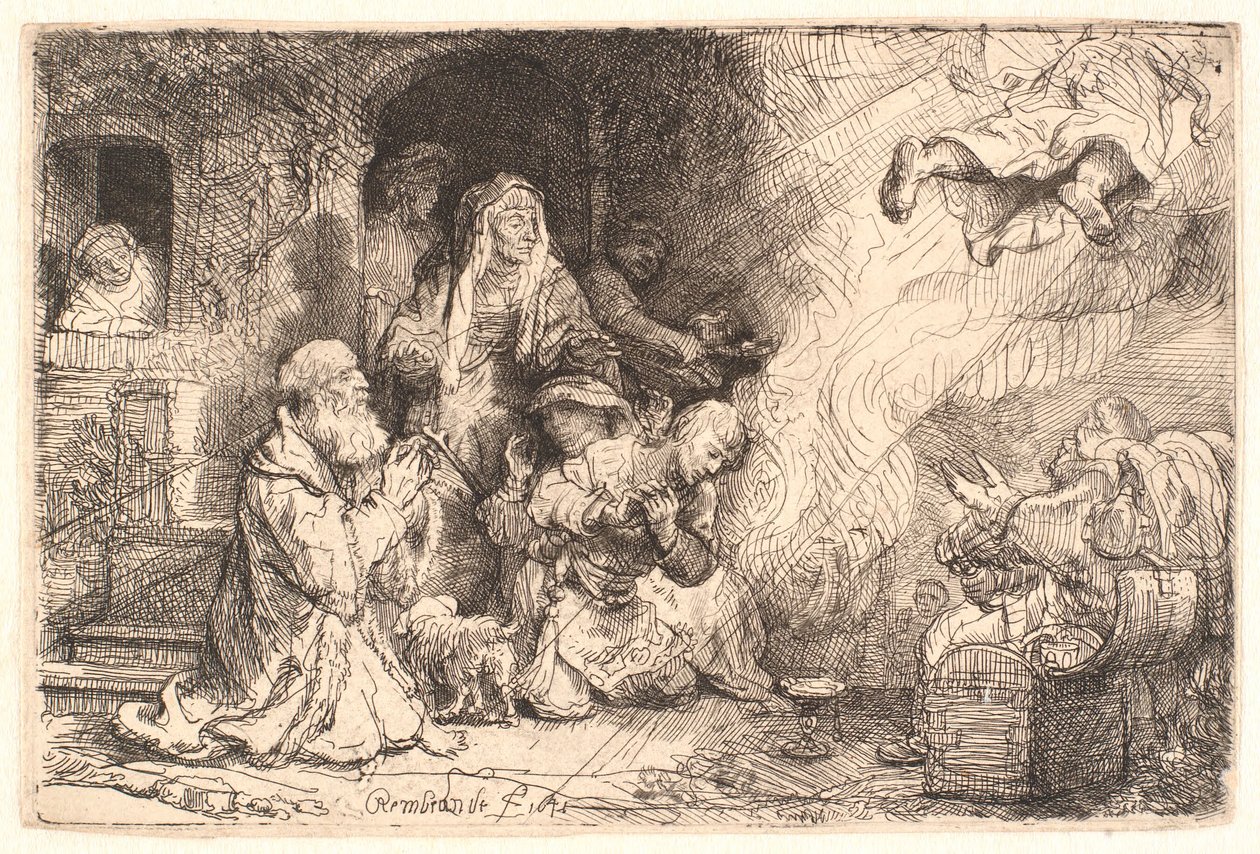 Enkeli lähtemässä Tobitin perheestä tekijältä Rembrandt van Rijn
