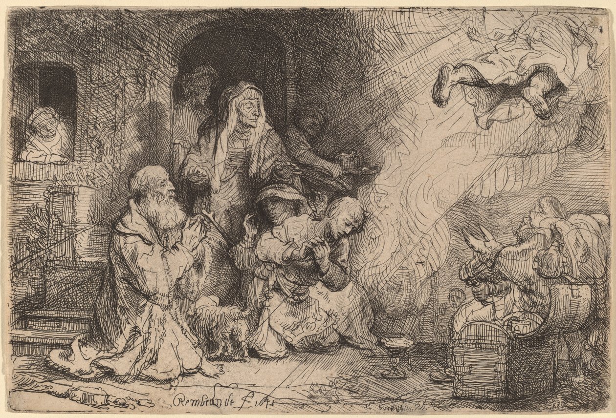 Enkeli lähtemässä Tobiaksen perheestä tekijältä Rembrandt van Rijn