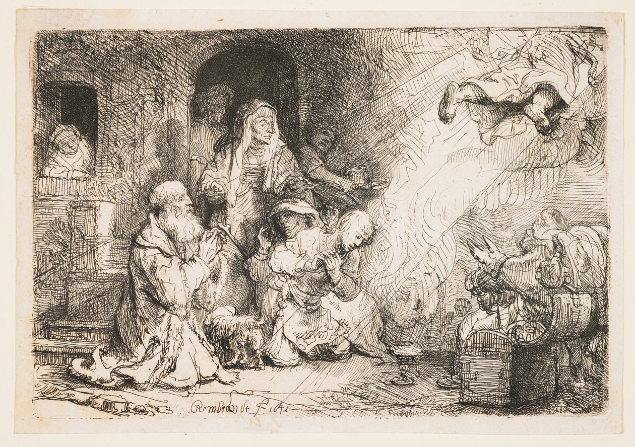 Enkeli lähtemässä Tobiaksen perheestä tekijältä Rembrandt van Rijn