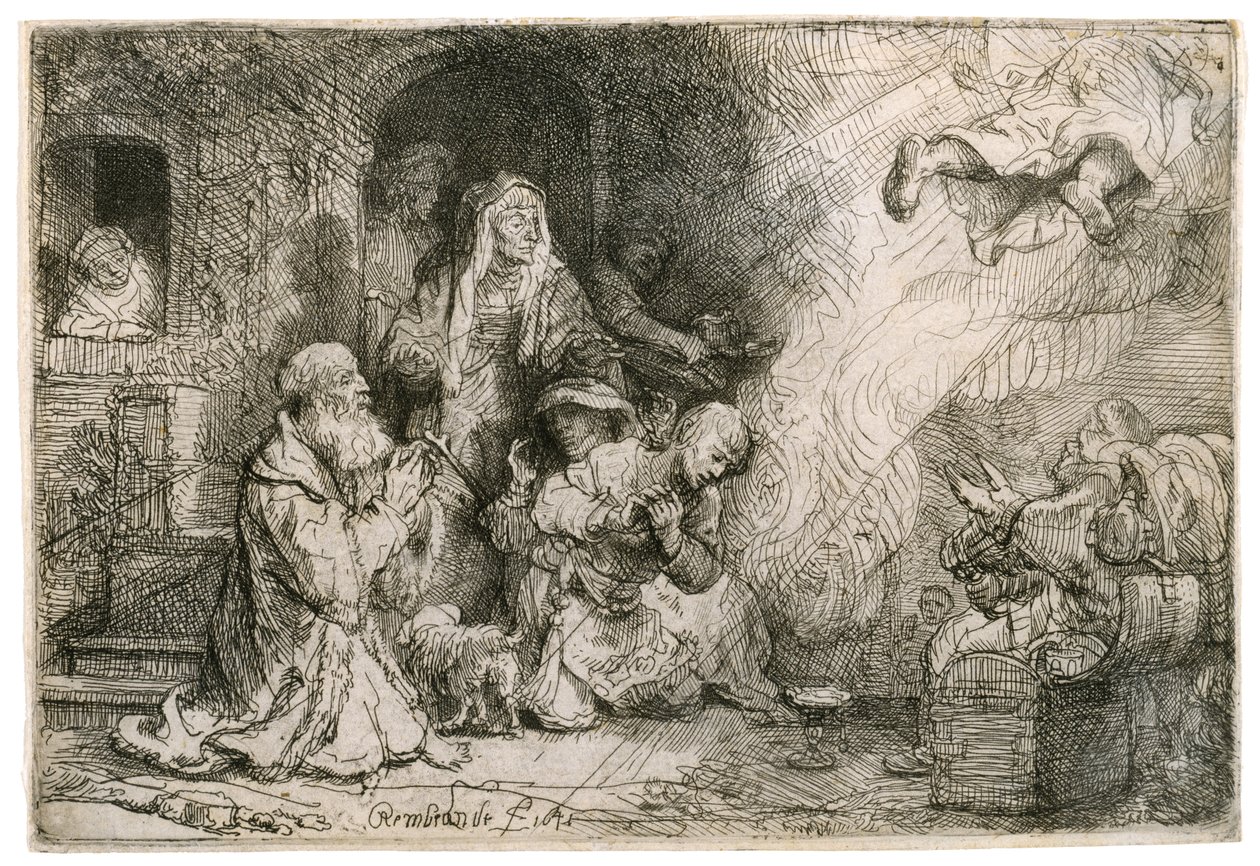 Enkeli lähtemässä Tobiaksen perheestä, 1641 tekijältä Rembrandt van Rijn