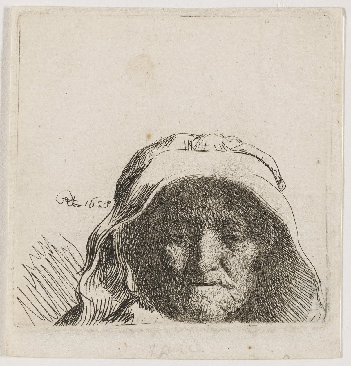Taiteilijan äiti: vain pää, edestäpäin tekijältä Rembrandt van Rijn
