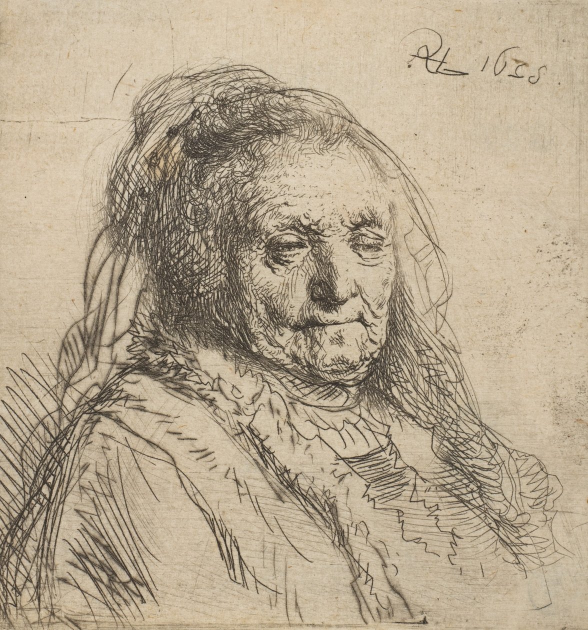 Taiteilijan äiti: Pää ja rintakuva, kolme neljäsosaa oikealta, 1628., 1628. tekijältä Rembrandt van Rijn