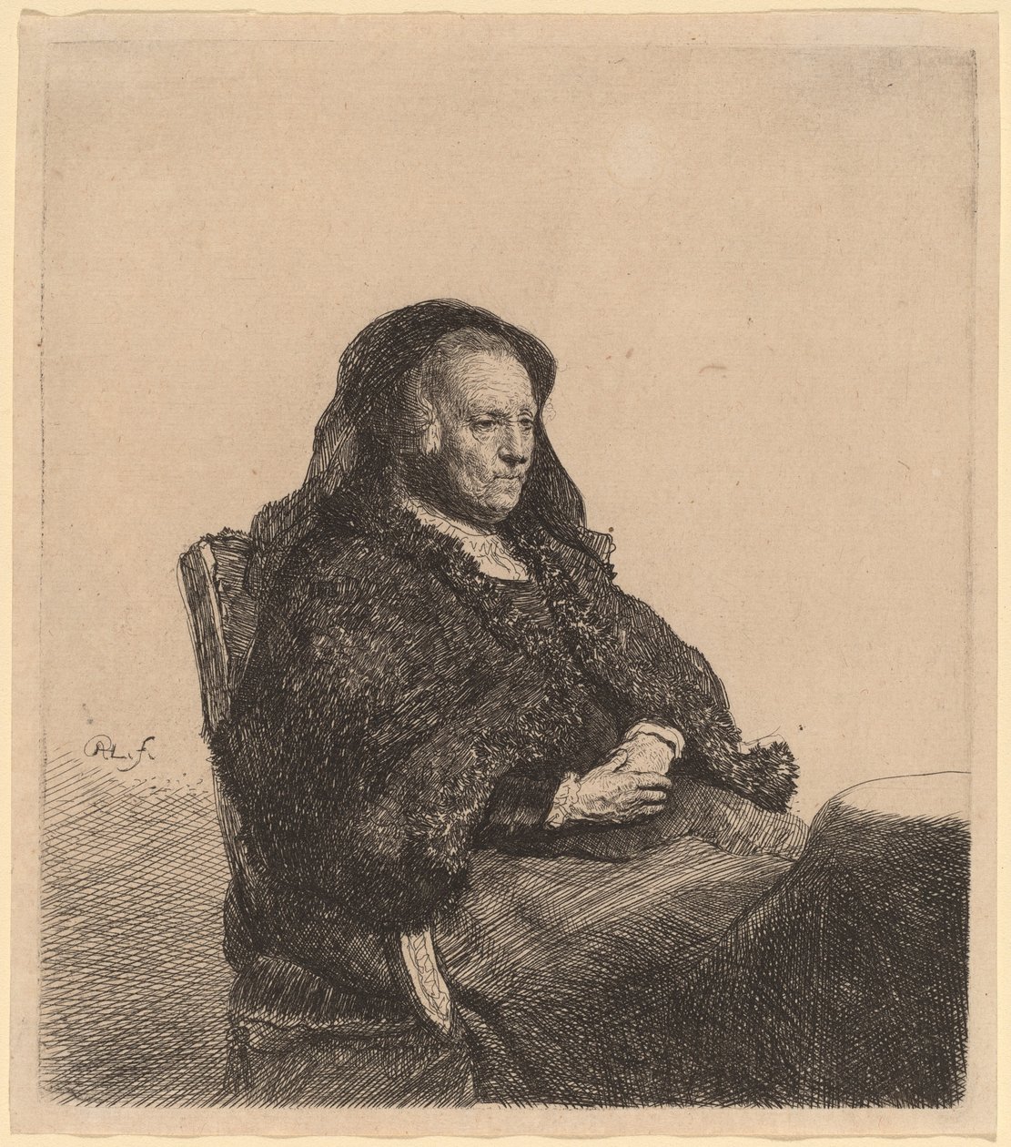 Taiteilijan äiti istuu pöydän ääressä ja näyttää oikealta tekijältä Rembrandt van Rijn