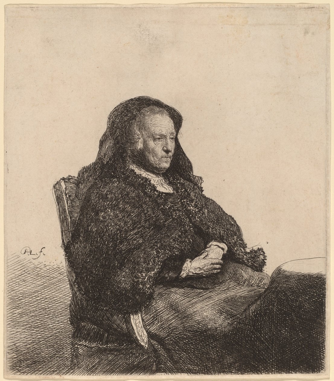 Taiteilijan äiti istuu pöydän ääressä ja näyttää oikealta tekijältä Rembrandt van Rijn