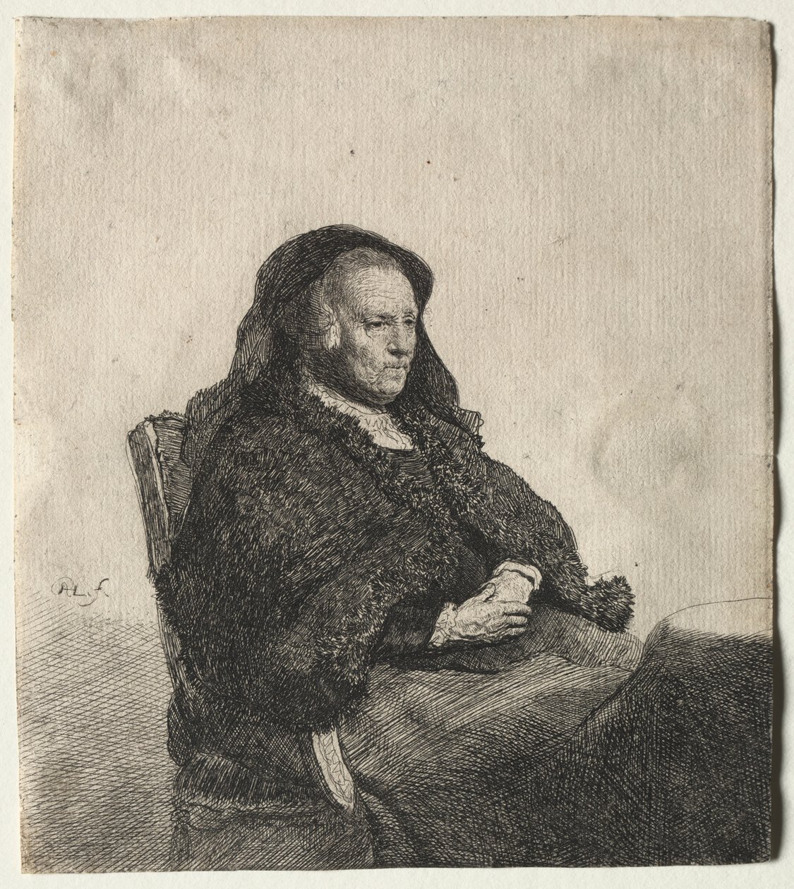 Taiteilijoiden äiti istuu pöydässä, oikealta katsoen: Three Quarter Length, n. 1631. tekijältä Rembrandt van Rijn