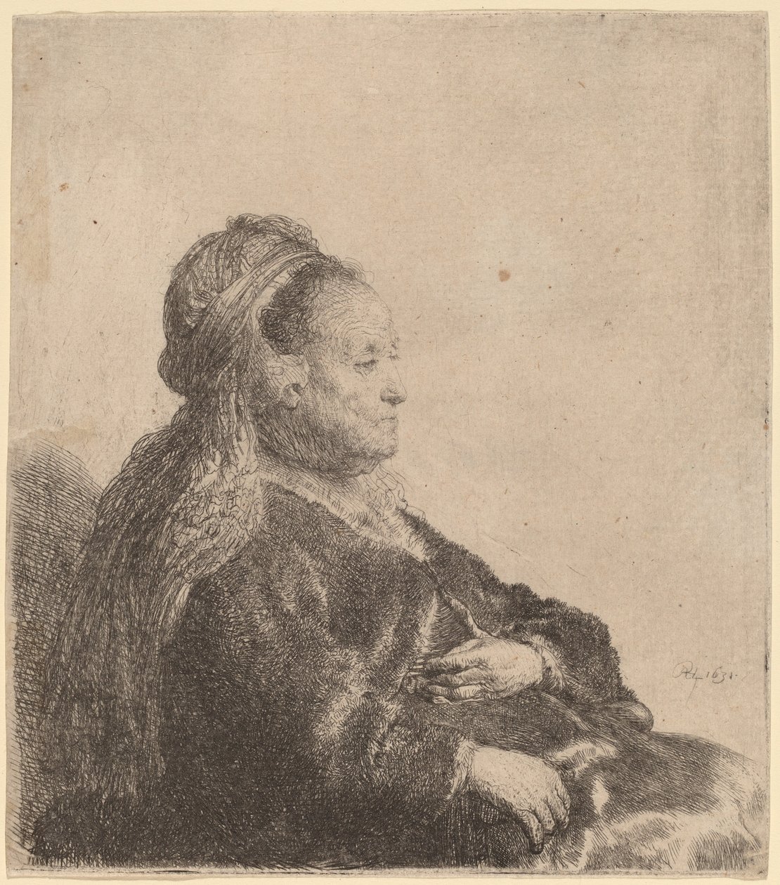 Taiteilijan äiti istuu itämaisessa päähineessä tekijältä Rembrandt van Rijn