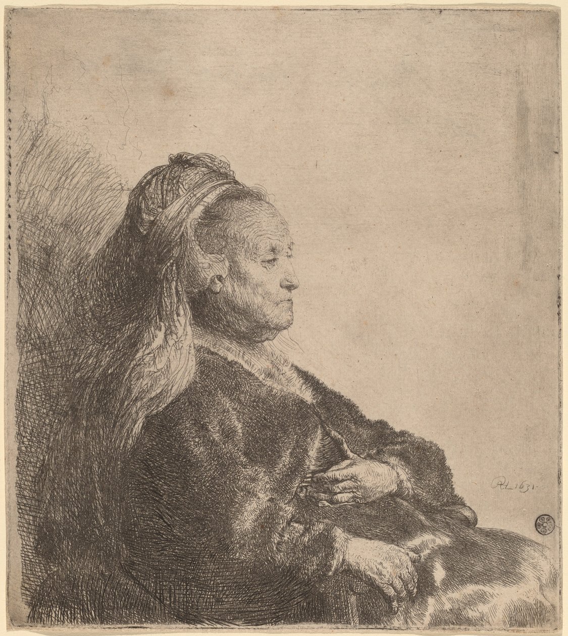 Taiteilijan äiti istuu itämaisessa päähineessä tekijältä Rembrandt van Rijn