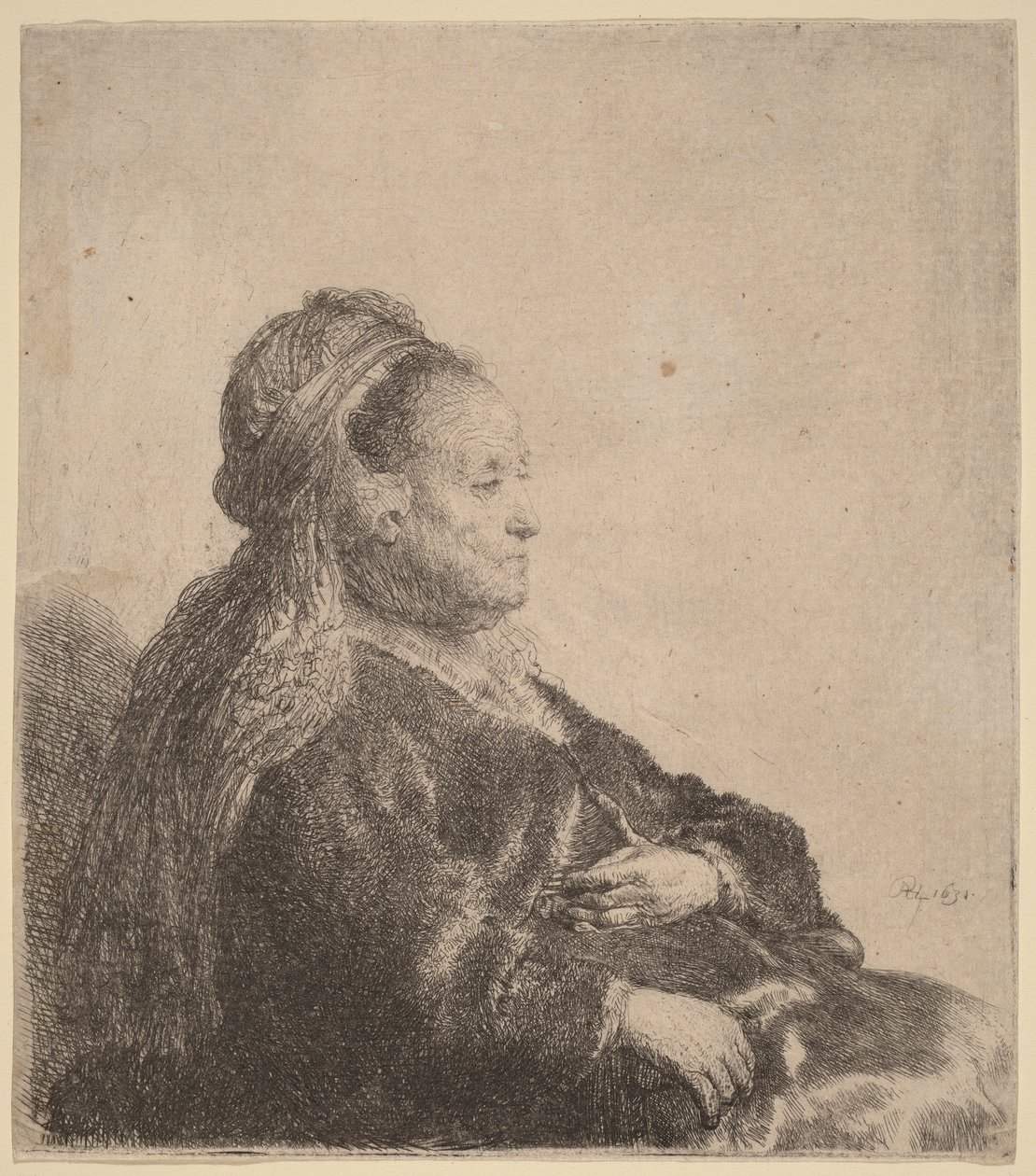 Taiteilijan äiti istumassa, itämaisessa päähineessä tekijältä Rembrandt van Rijn