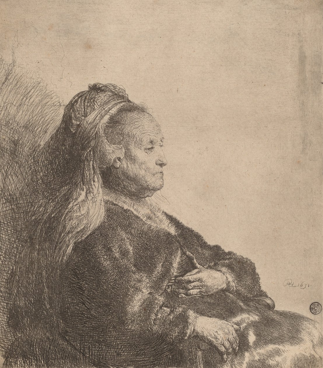 Taiteilijan äiti istuu itämaisessa päähineessä, 1631. tekijältä Rembrandt van Rijn