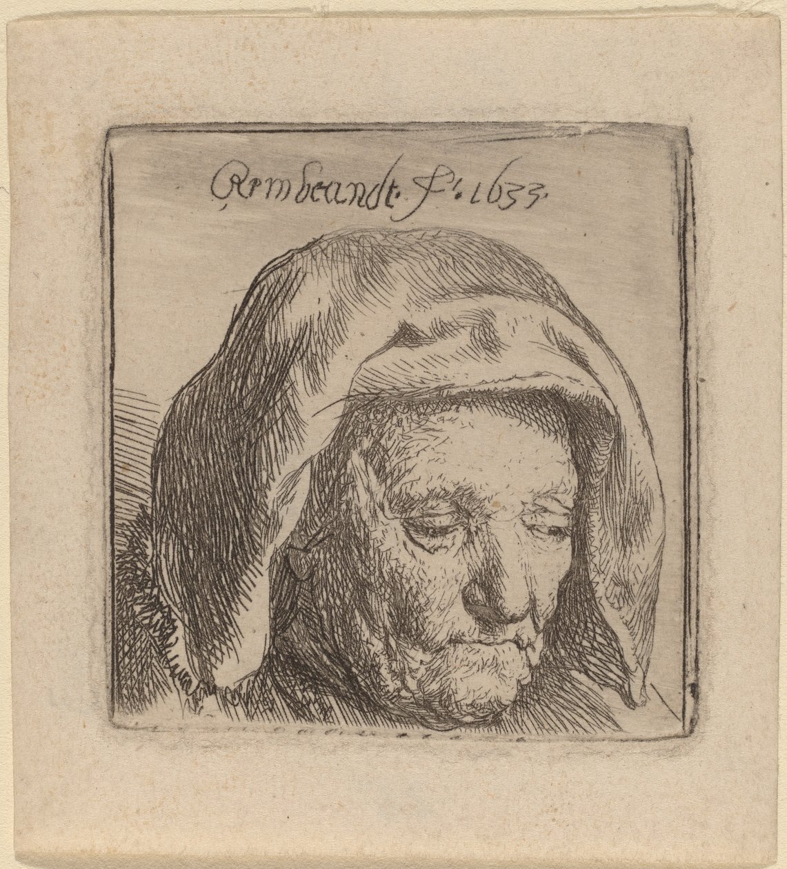 Taiteilijan äiti kankaisessa päähineessä, katsoen alas tekijältä Rembrandt van Rijn