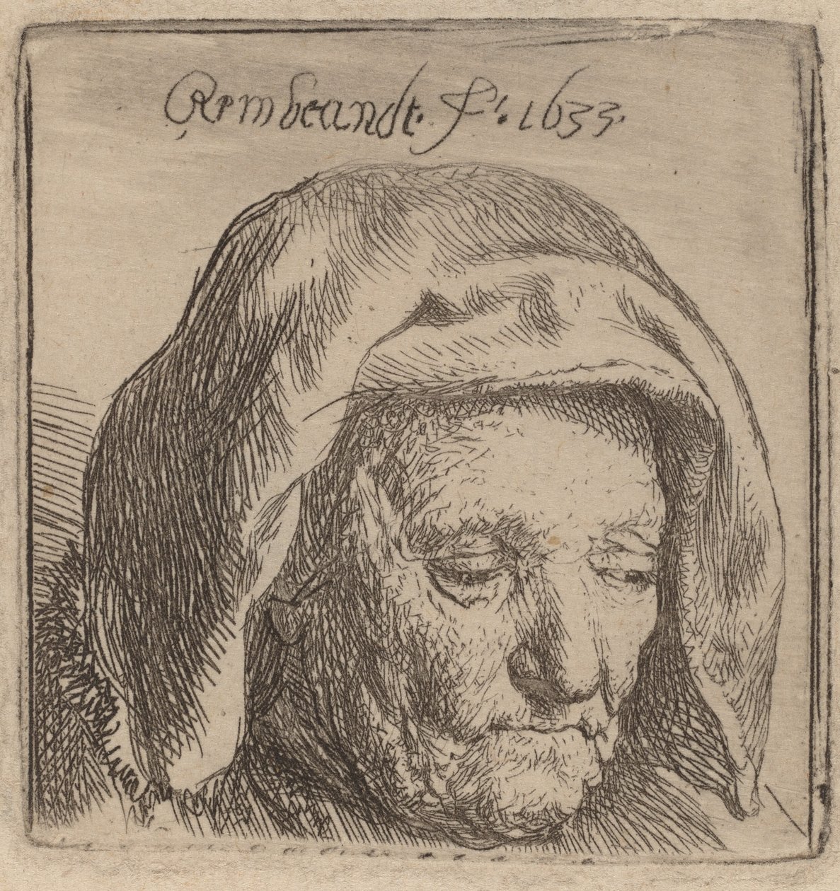 Taiteilijan äiti kangaspäähineessä, katsoen alas, 1633. tekijältä Rembrandt van Rijn