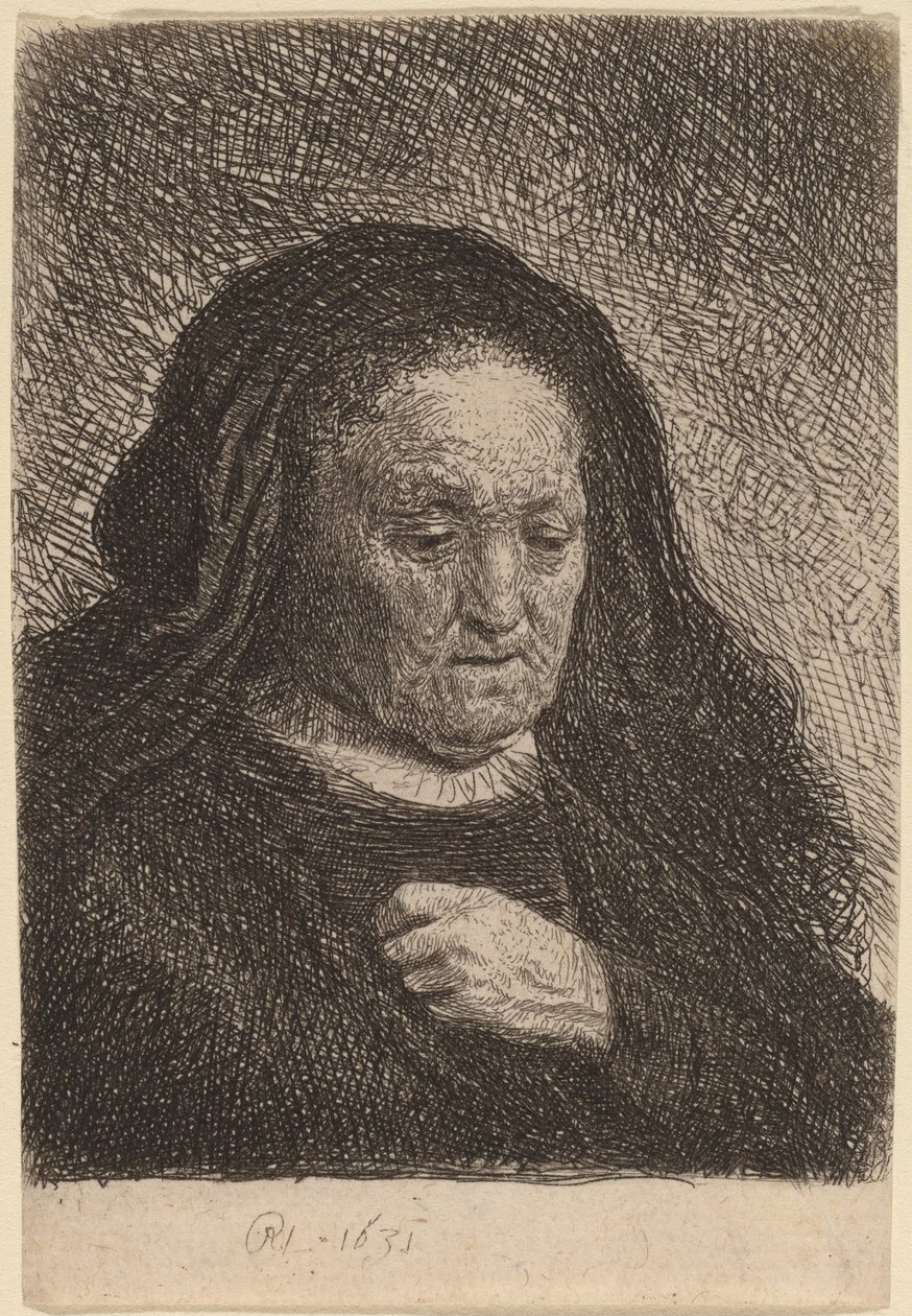 Taiteilijan äiti käsi rinnassa tekijältä Rembrandt van Rijn