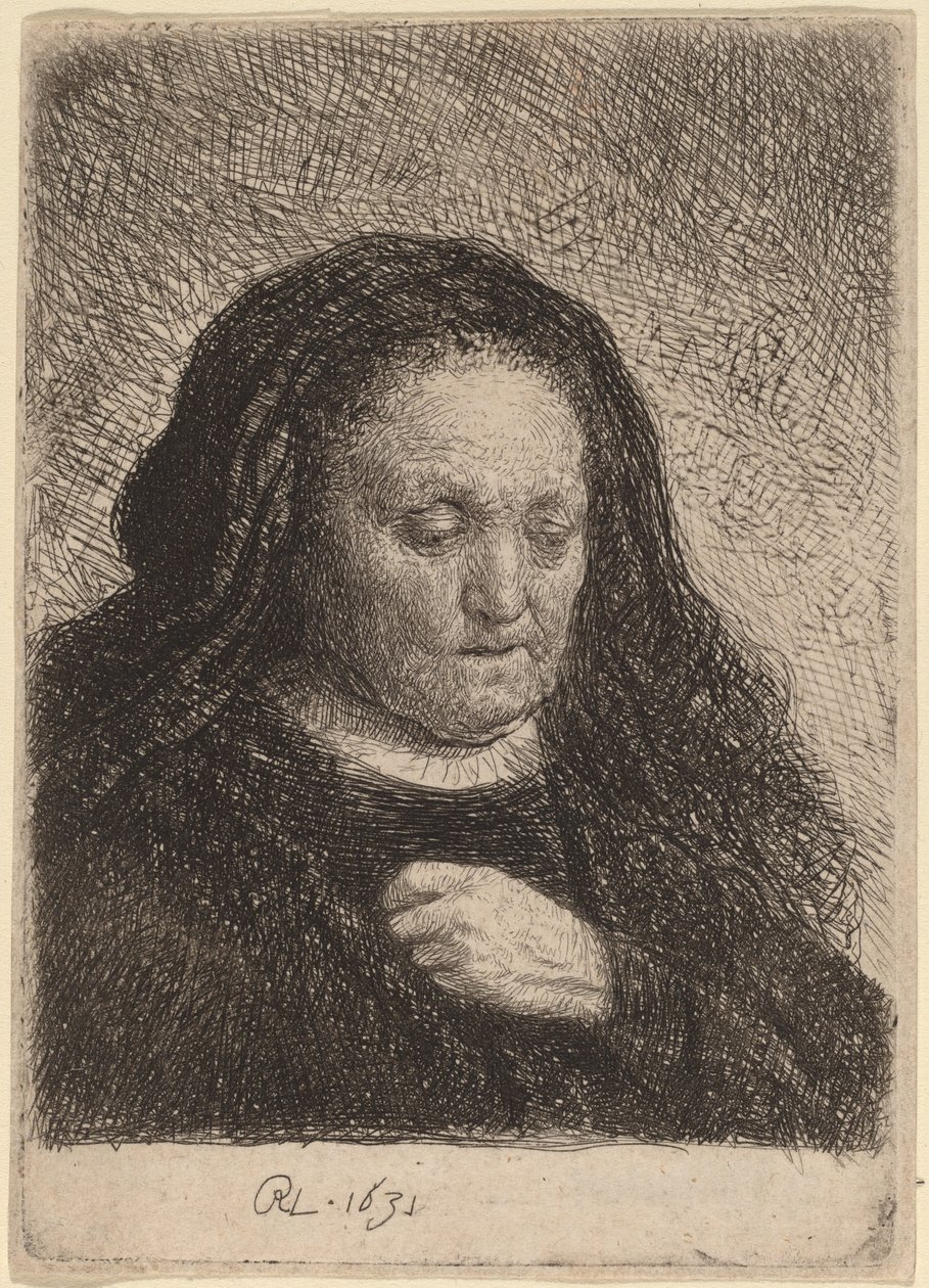 Taiteilijan äiti käsi rinnassa tekijältä Rembrandt van Rijn