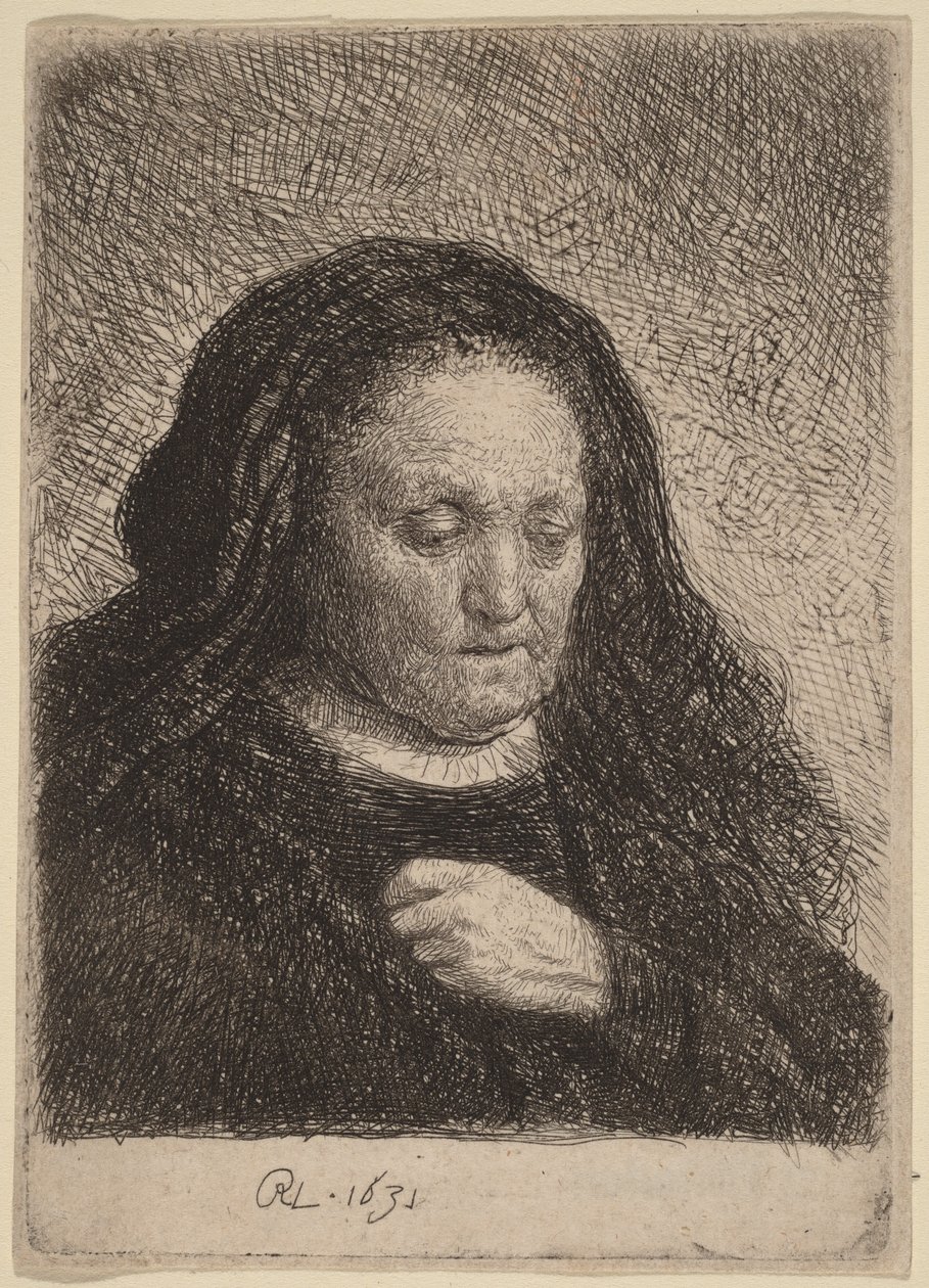 Taiteilijan äiti, käsi rinnallaan tekijältä Rembrandt van Rijn