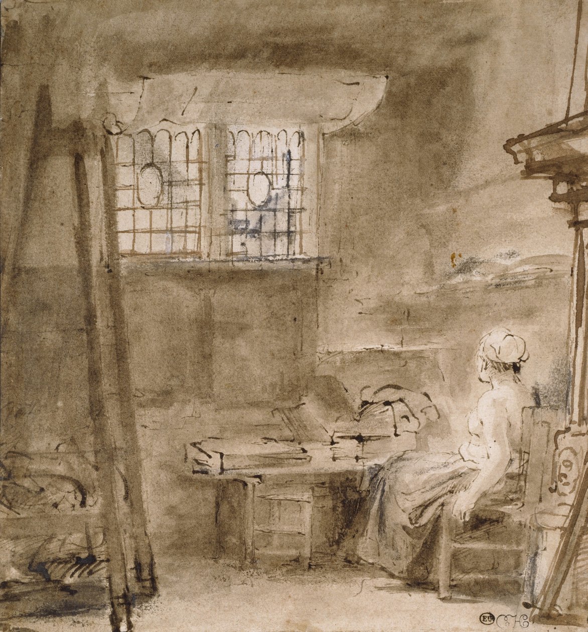 Taiteilijan studio, 1659 (kynä ja kaksi ruskean sävyä, harmaanruskea pesu, muutama korjaus valkoiseen) tekijältä Rembrandt van Rijn