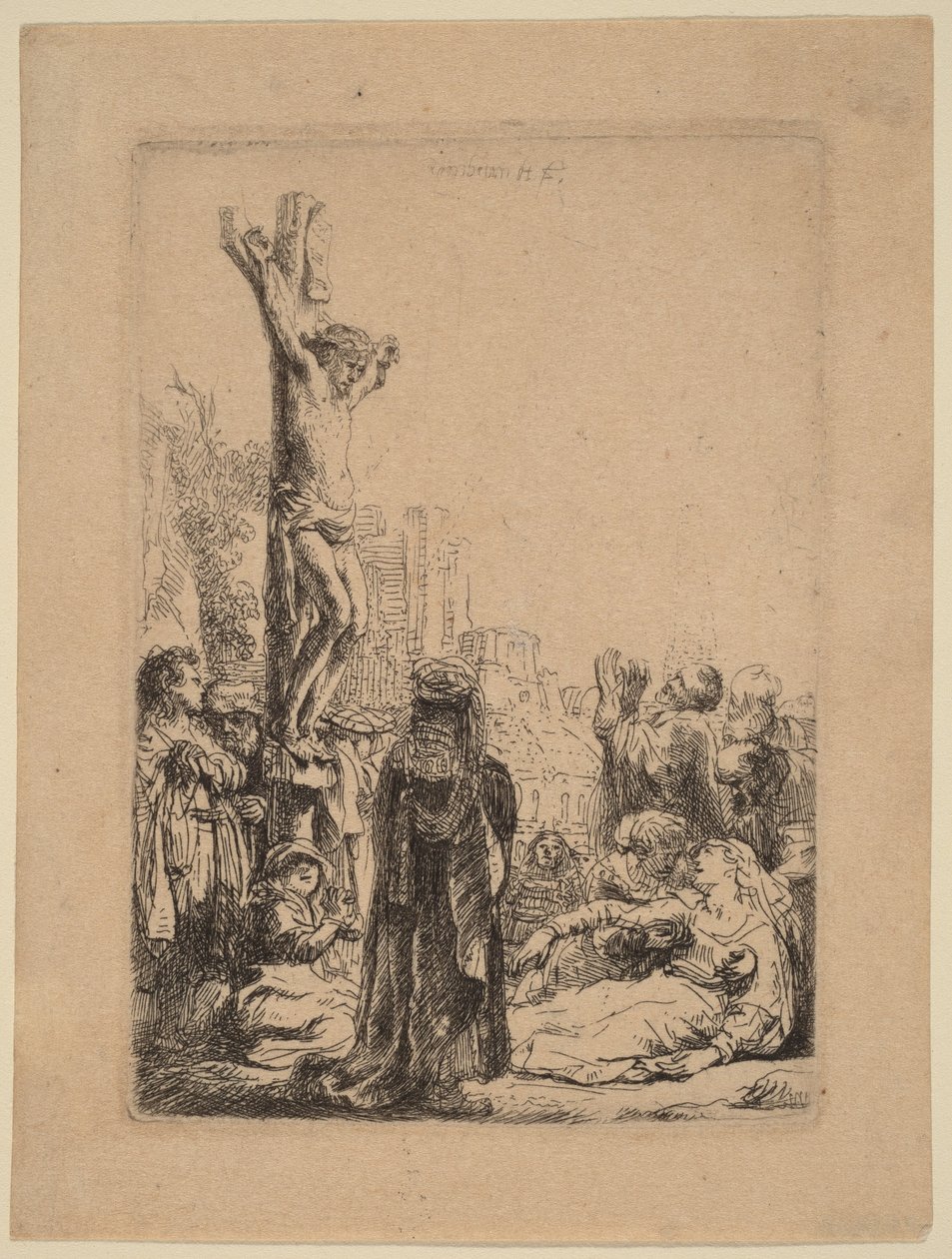 Ristiinnaulitseminen: pieni lautaskuva tekijältä Rembrandt van Rijn
