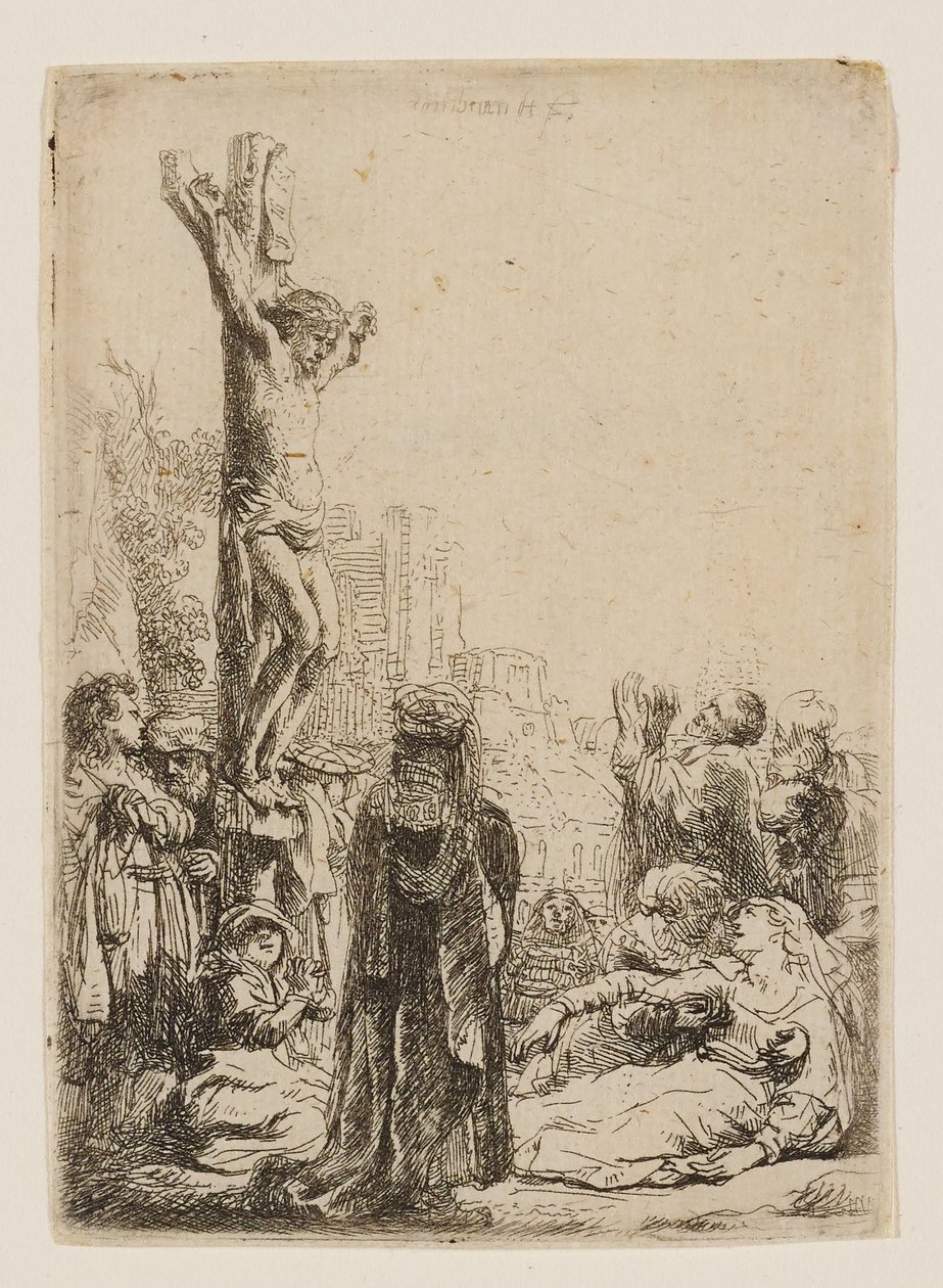 Ristiinnaulitseminen: pieni lautaskuva tekijältä Rembrandt van Rijn