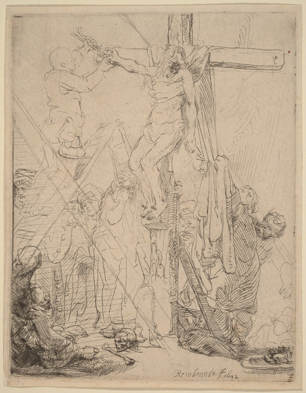 Ristiinnaulitun laskeminen ristiltä: luonnos tekijältä Rembrandt van Rijn