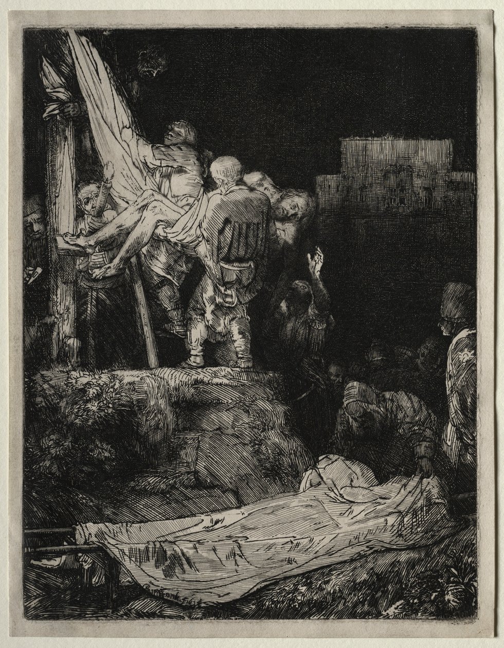 Laskeutuminen ristiltä taskulampun valossa, 1654. tekijältä Rembrandt van Rijn