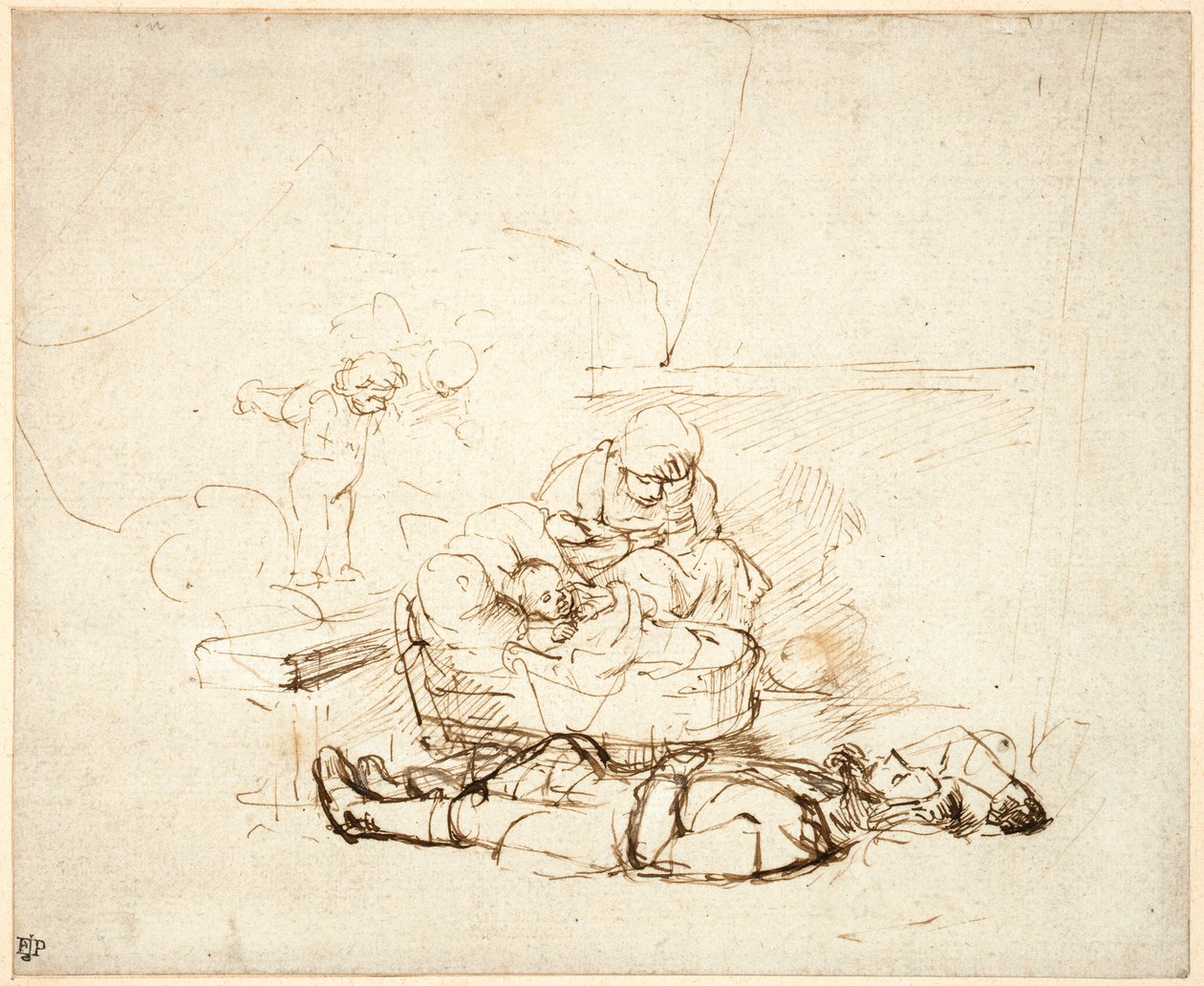 Pyhä perhe nukkumassa, enkelien kanssa, 1645 (kynä ja muste guassilla paperilla) tekijältä Rembrandt van Rijn