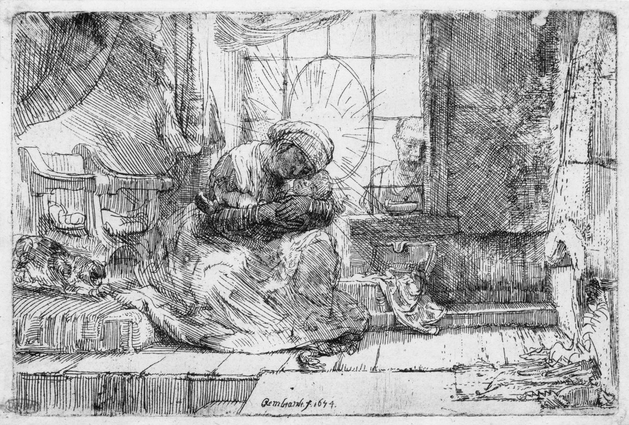 Pyhä perhe kissan kanssa, 1654 tekijältä Rembrandt van Rijn