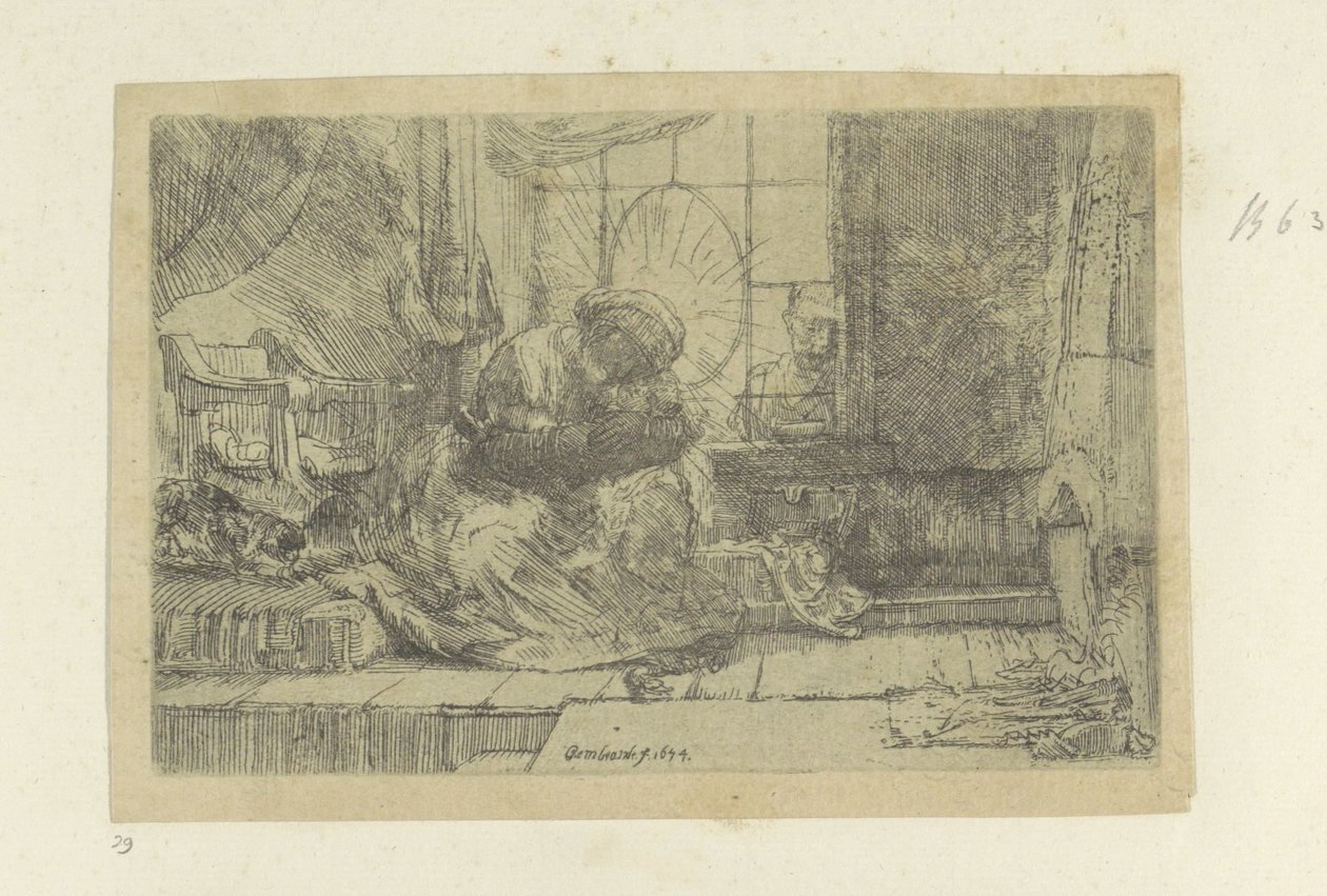 Pyhä perhe kissan ja käärmeen kanssa tekijältä Rembrandt van Rijn