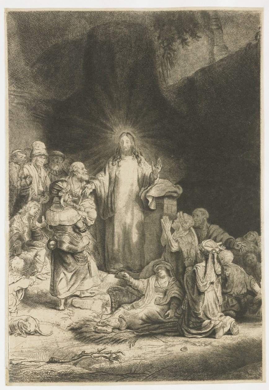 ”Sadan guldenin painokuva”: keskellä oleva kuva, jossa Kristus saarnaa tekijältä Rembrandt van Rijn