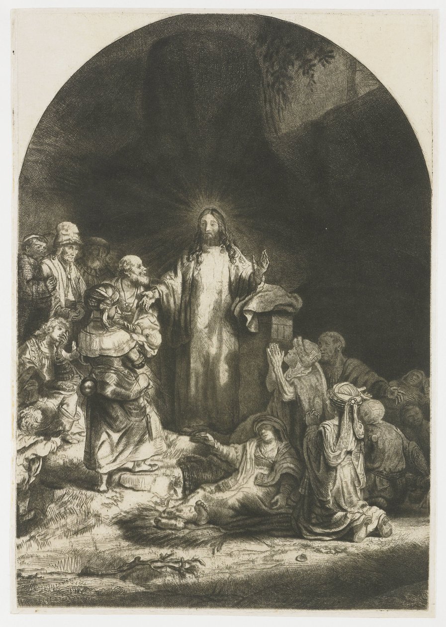 Sadan guldenin printti: keskuskappale, jossa Kristus saarnaa, lautanen kaareva tekijältä Rembrandt van Rijn