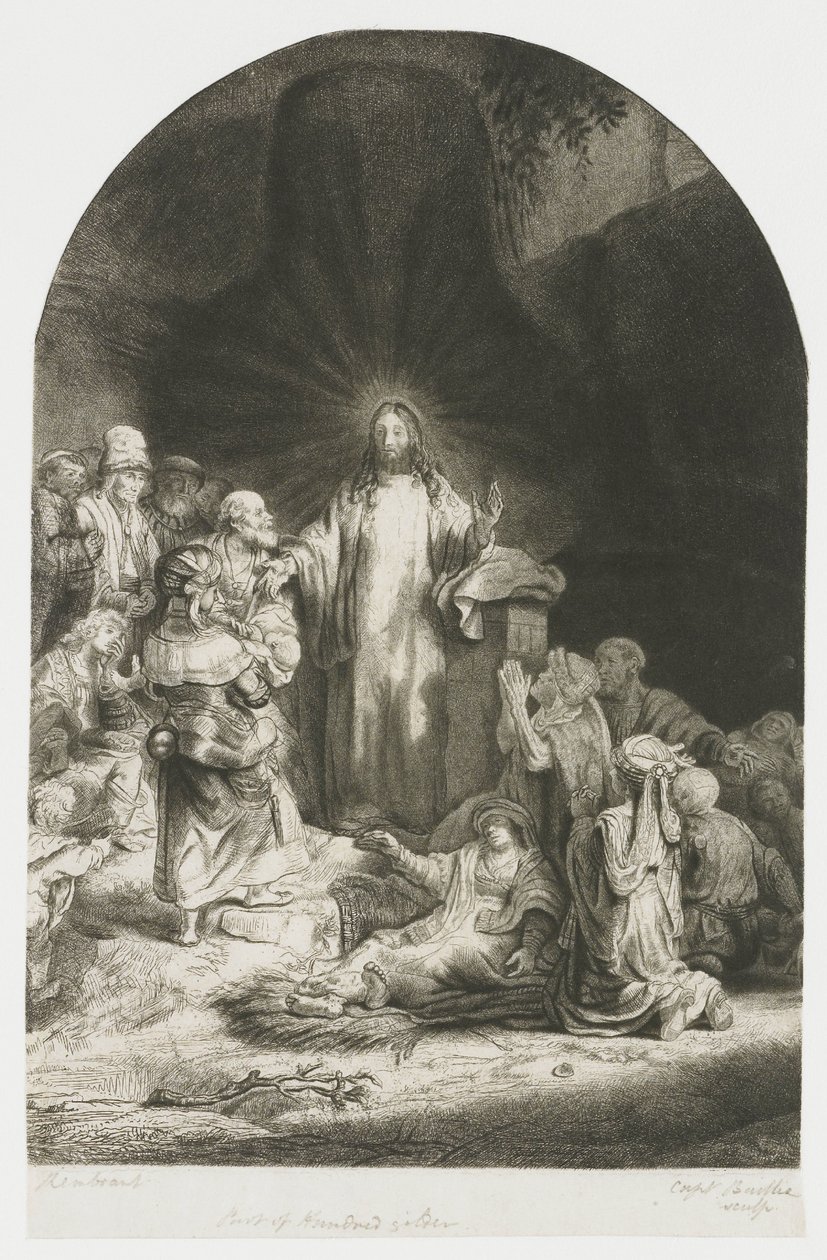 ”Sadan guldenin painokuva”: keskellä oleva kuva, jossa Kristus saarnaa, ja kaareva levy tekijältä Rembrandt van Rijn