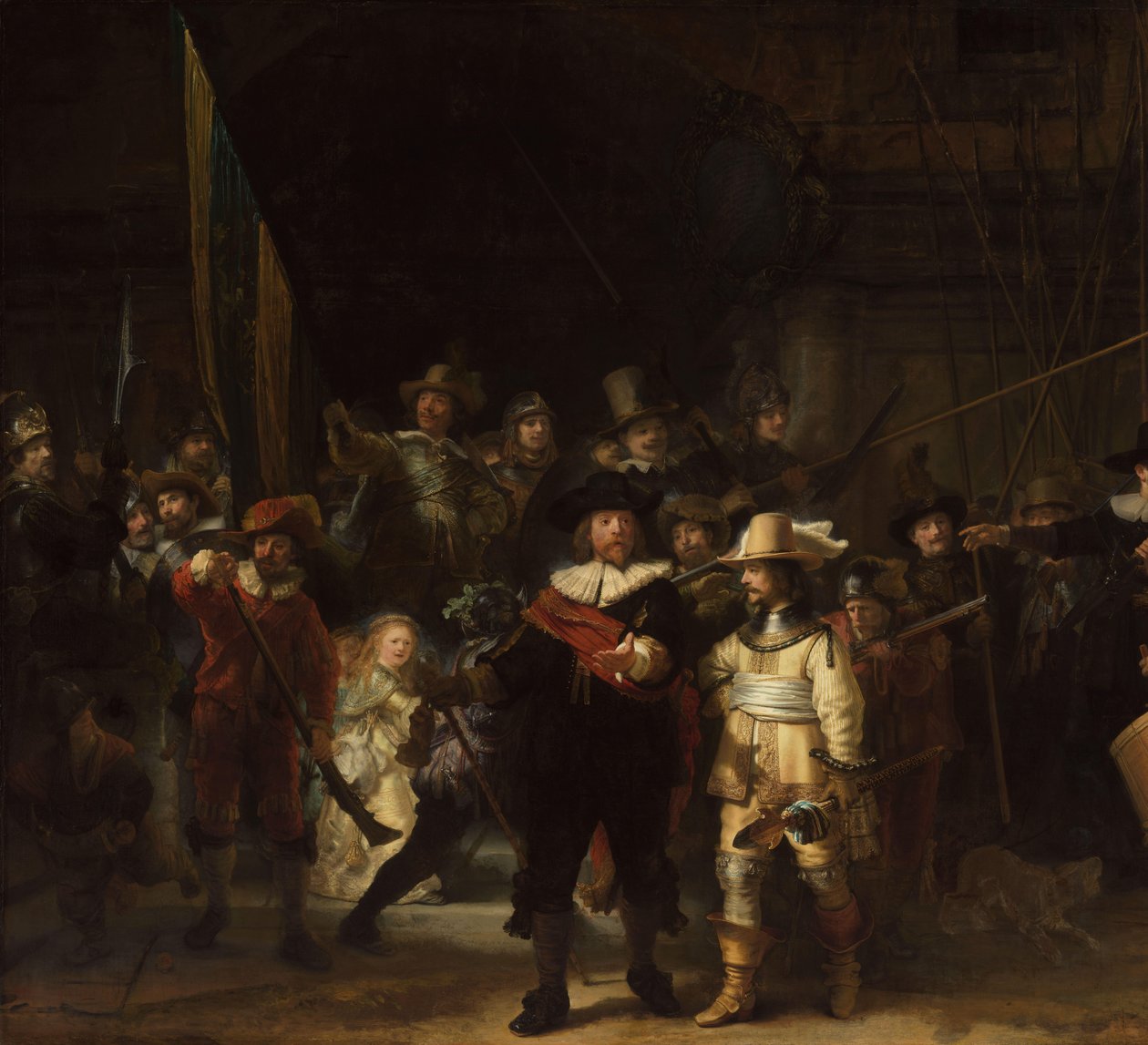 Yövartio Amsterdamin piirin II upseerit ja muut kansalaisvartijat kapteeni Frans Banninck Cocqin ja luutnantti Willem van Ruytenburchin komennolla, joka tunnetaan nimellä "Yövartio". tekijältä Rembrandt van Rijn
