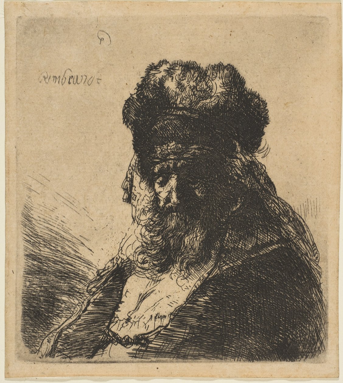 Vanha parrakas mies korkeassa turkislakissa, silmät kiinni, n. 1635. tekijältä Rembrandt van Rijn