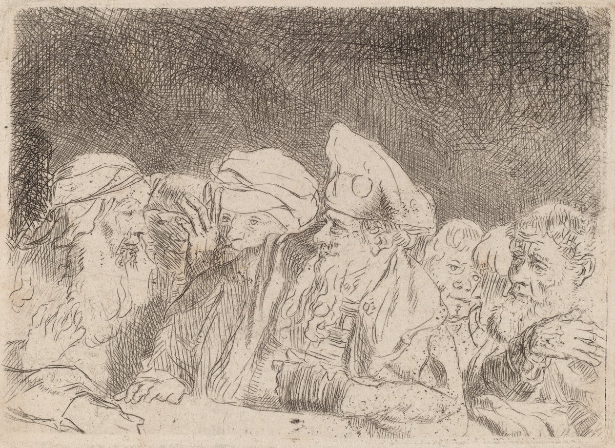 Fariseukset väittelevät katkelma sadan guldenin kirjasta, n. 1649. tekijältä Rembrandt van Rijn